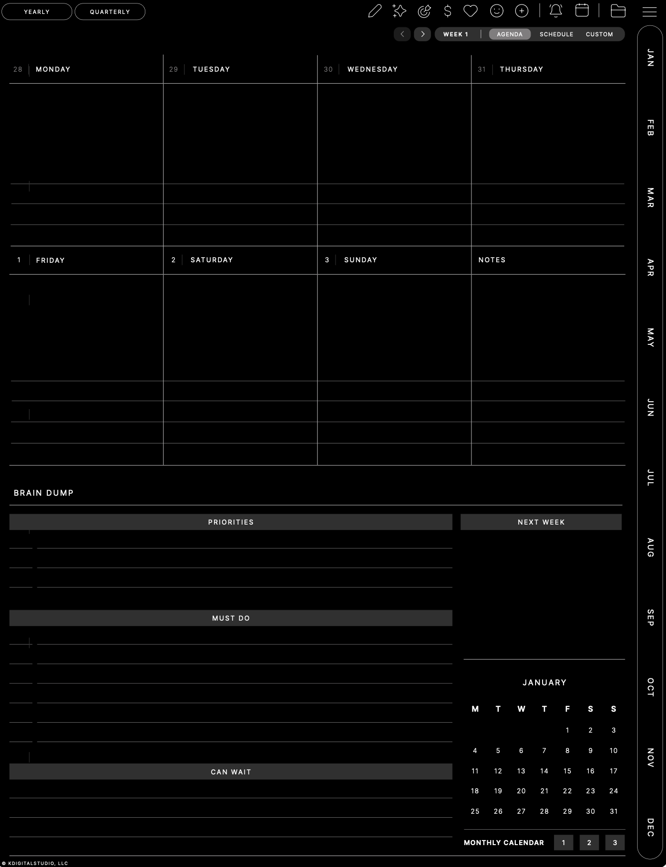 Brain Dump weekly agenda, Portrait · Dark