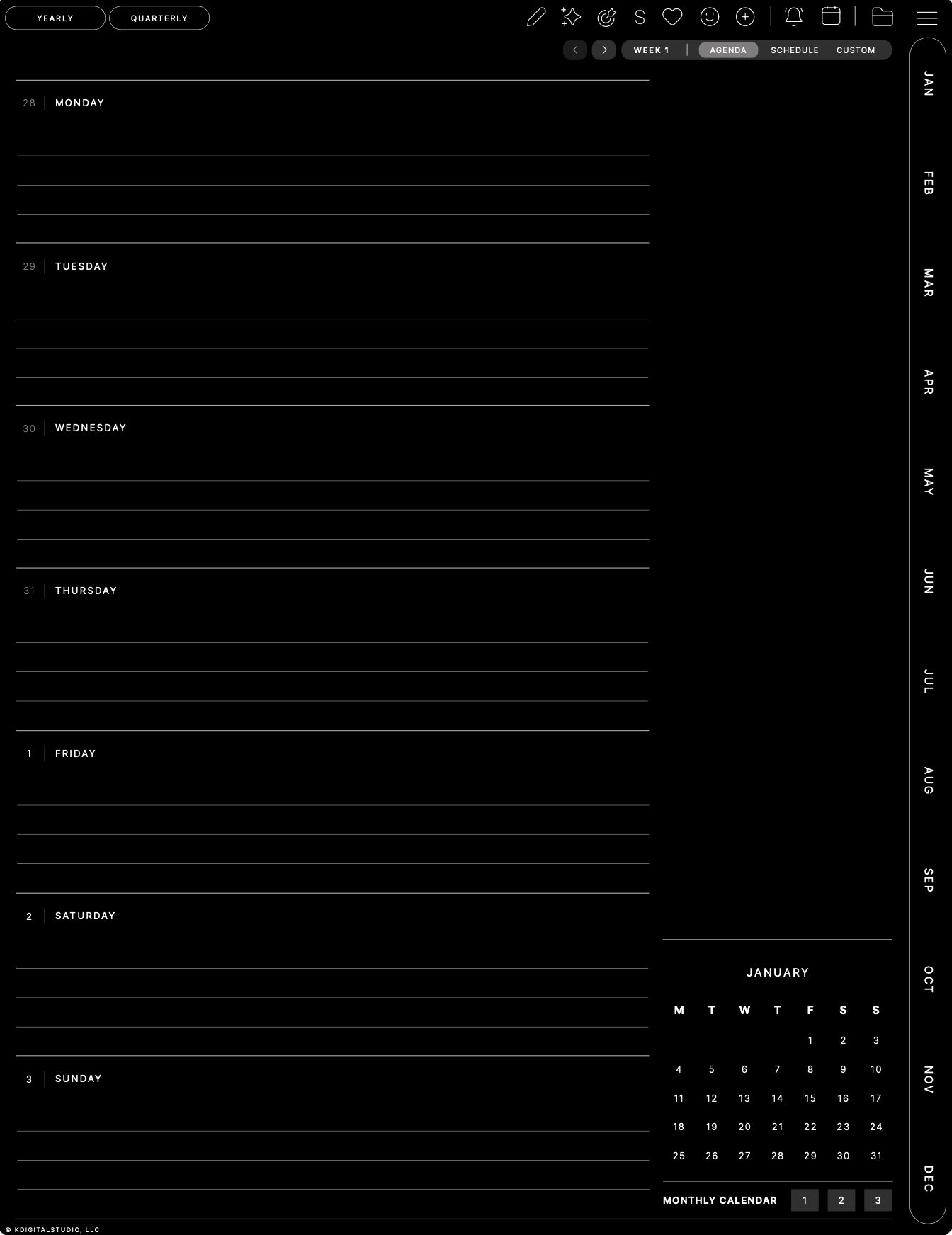 Classic weekly agenda, Portrait · Dark