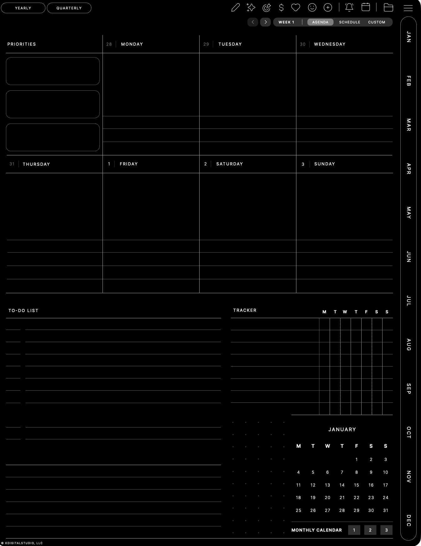 Dashboard weekly agenda, Portrait · Dark