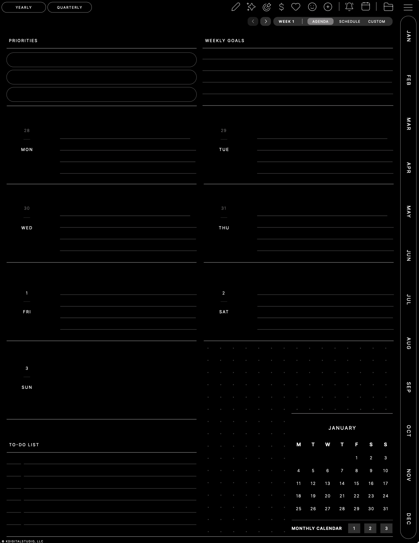 Tasks weekly agenda, Portrait · Dark